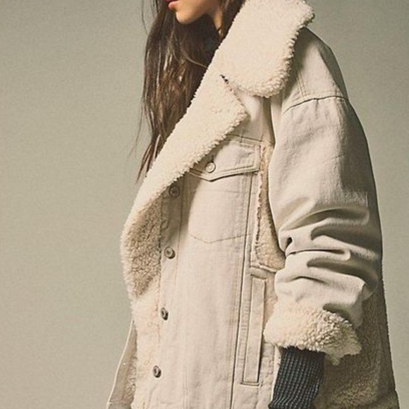 Free People Holly Cozy Denim Jacket We The Free Faux Fur Collar Trim Ivory - Picture 5 of 7